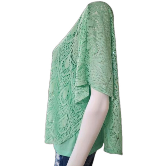 JM Collection Batwing Faux Lace Overlay Short Sleeve Tunic Size PM - Picture 9 of 11